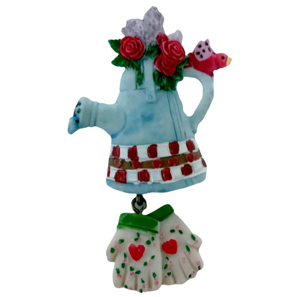 Vintage Garden Brooch Watering Can Floral Gloves Red Bird VTG